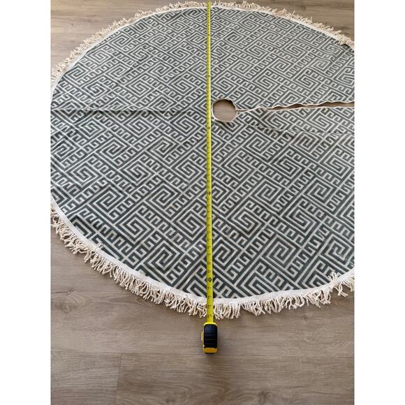 Handmade Greek Key Christmas Tree Skirt, ap 60” Round Decorator Canvas Fringe - Picture 4 of 9